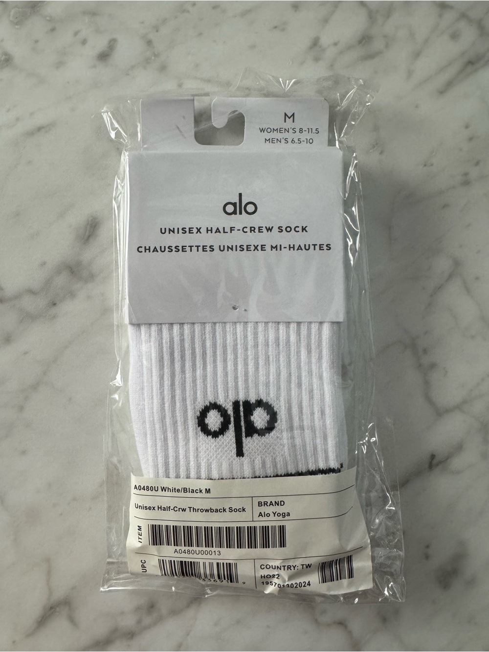 ALO Yoga White Half-Crew Socks with Black Logo
